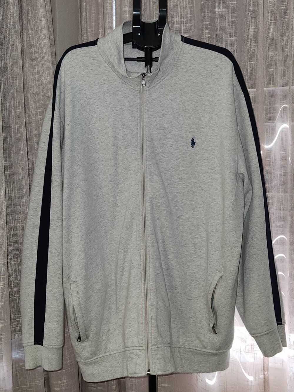 Polo Ralph Lauren Men's Fleece Heather Gray Melange w/Navy Stripe Track Jacket